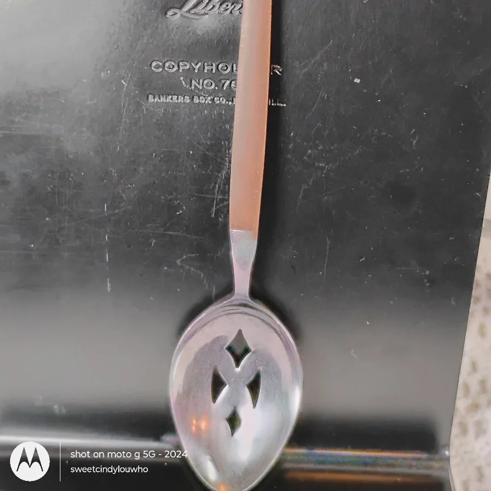EPIC brand forged stainless steel slotted spoon with faux wood handle Japan 70s